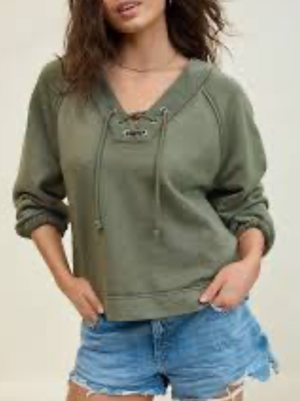 Aerie Green Lace Up V Neck Sweater Raglan Textured Knit Cozy Boho